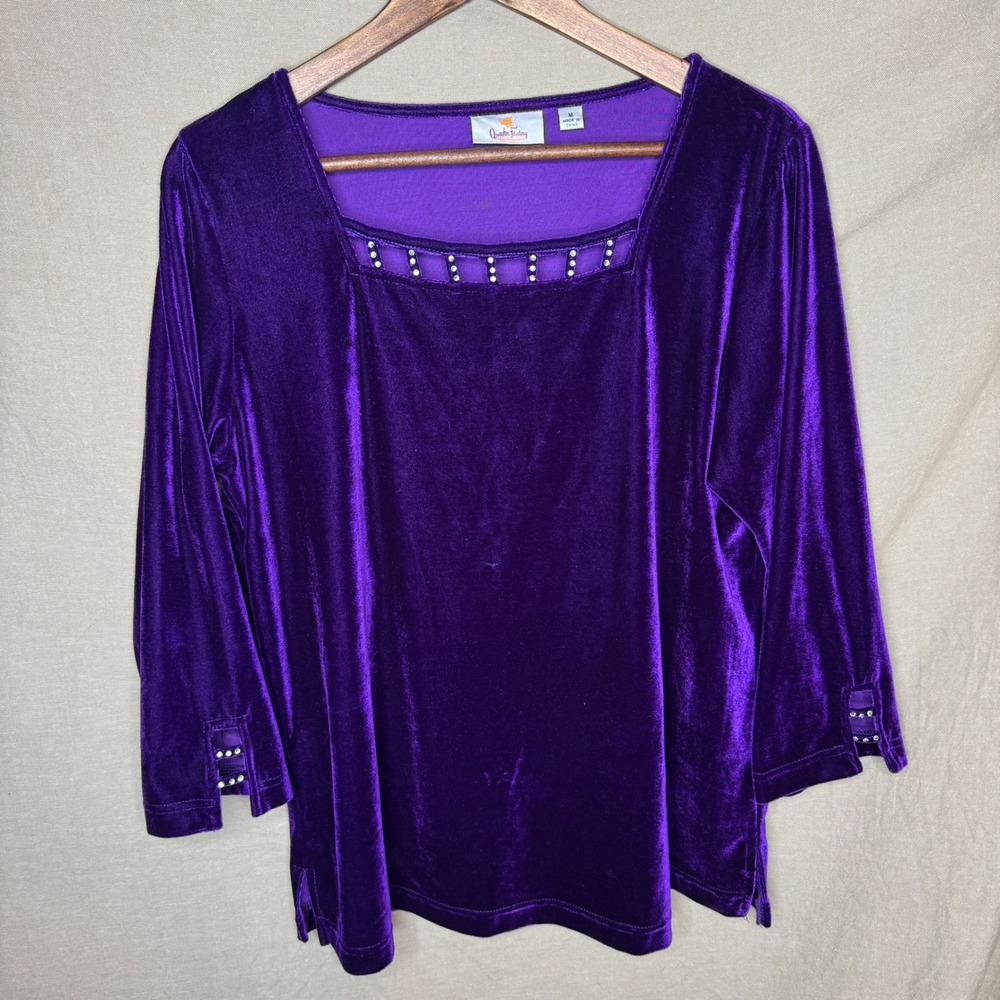 Quacker Factory Purple Velvet Rhinestone Square Neck 3/4 Sleeve Top Medium